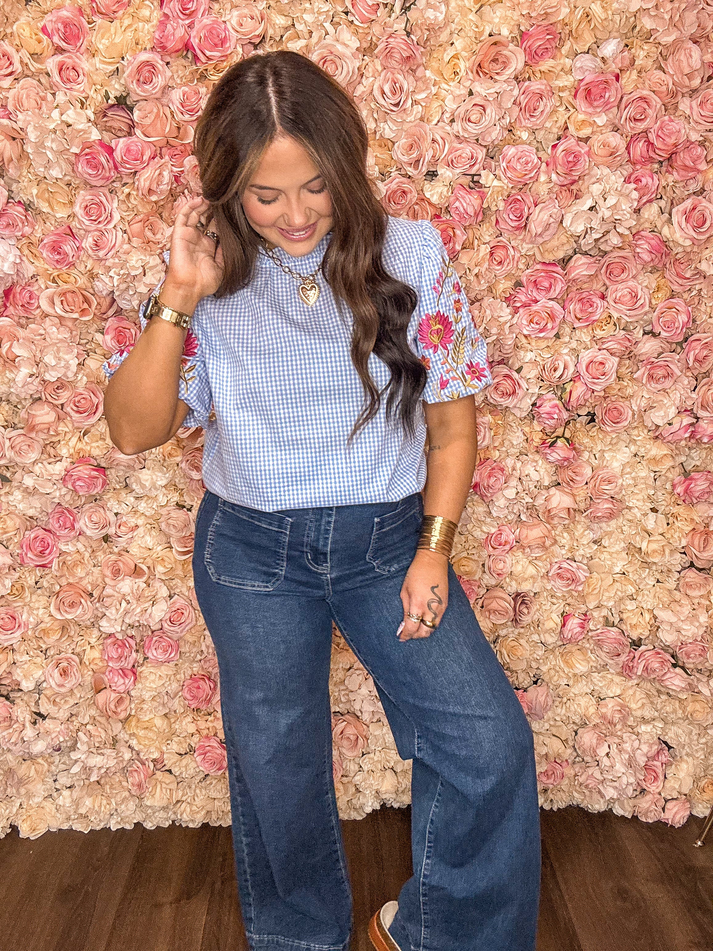 Sky Blue Gingham Embroidered Puff Sleeve Blouse