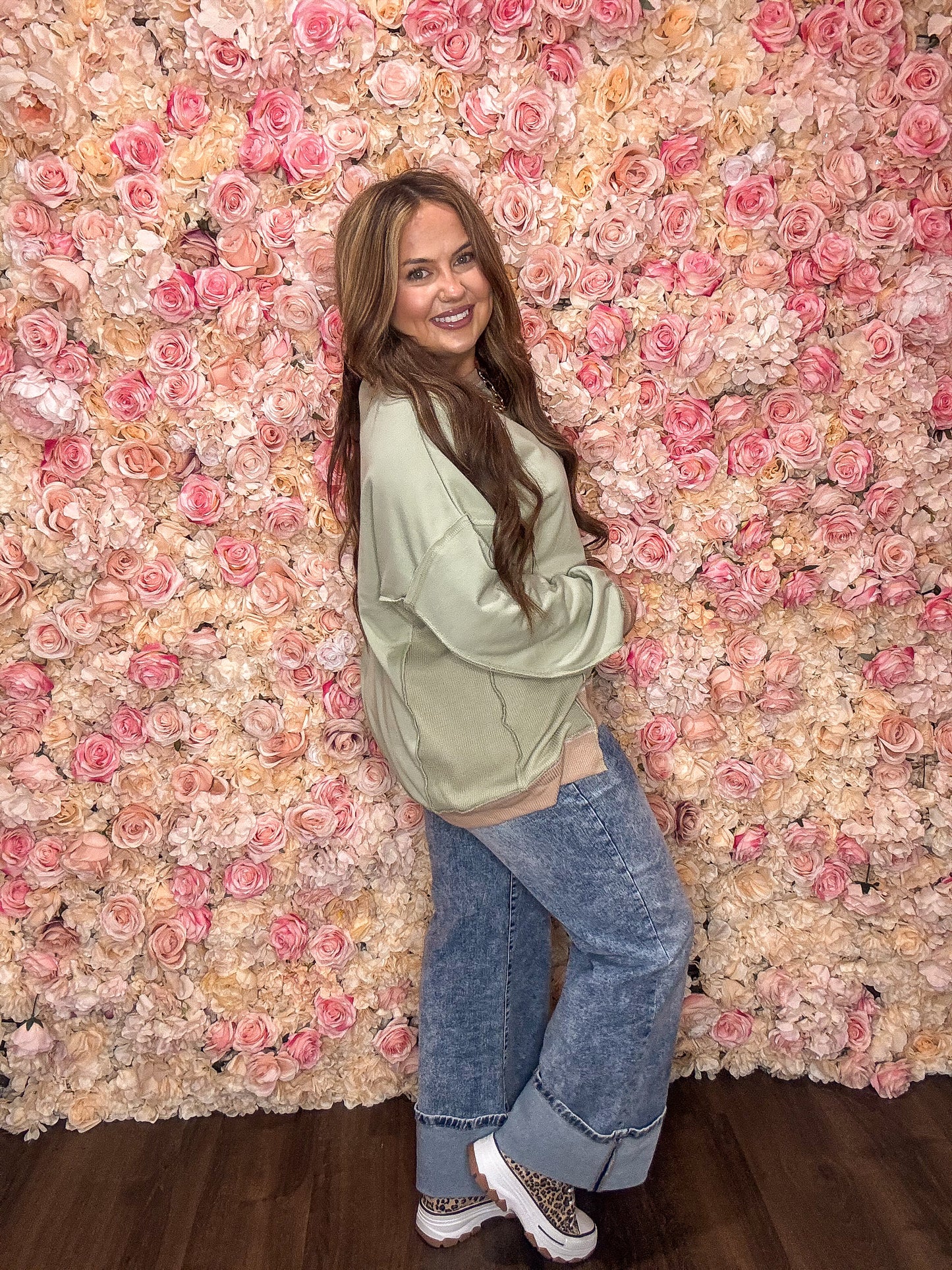 Sage Green Color Block Waffle Patchwork Oversized Sweatshirt