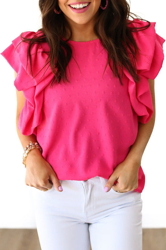 Rose Red Ruffled Sleeve Swiss Dot Top