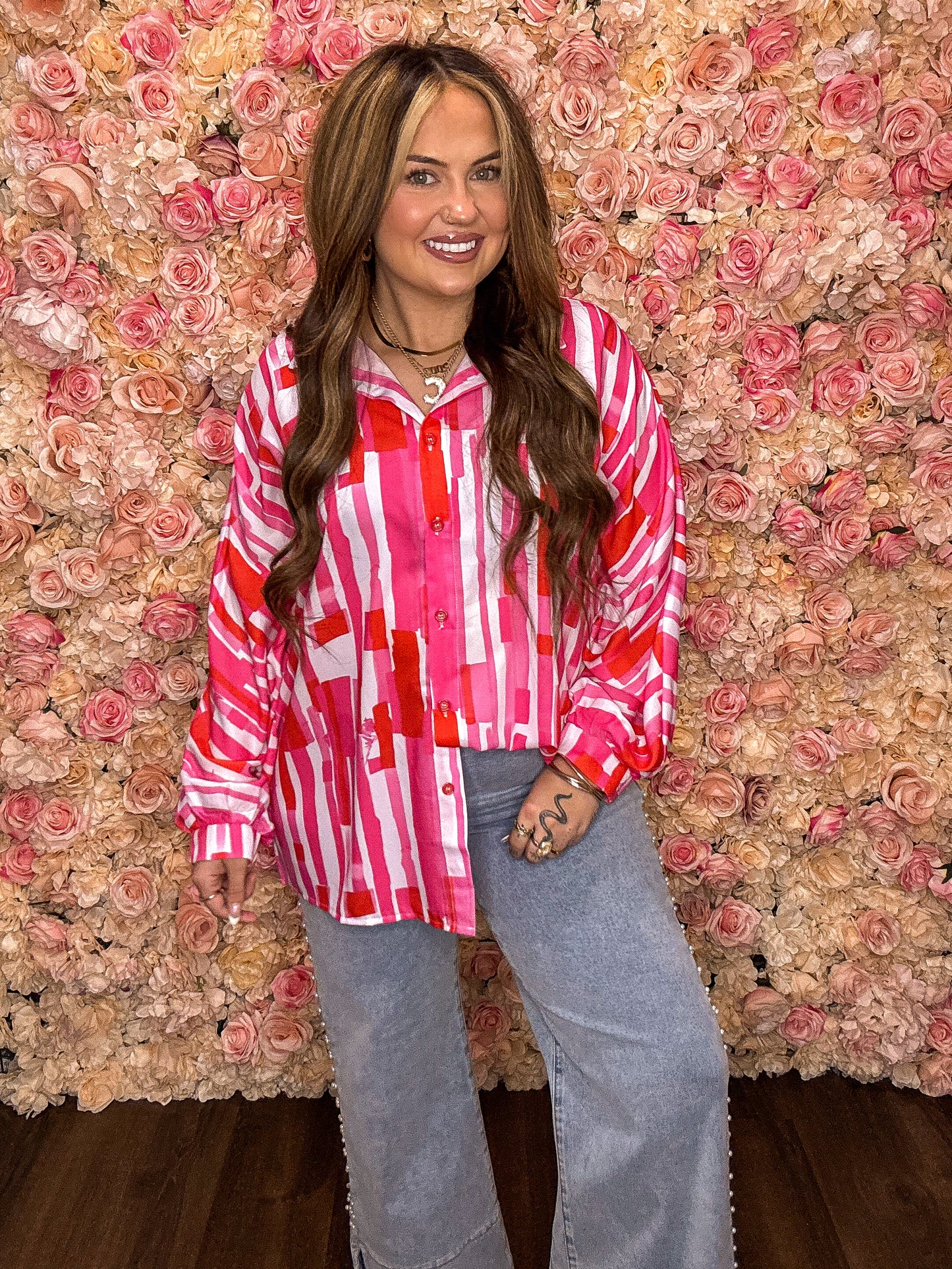 Pink Abstract Dolman Sleeve Button Up Blouse