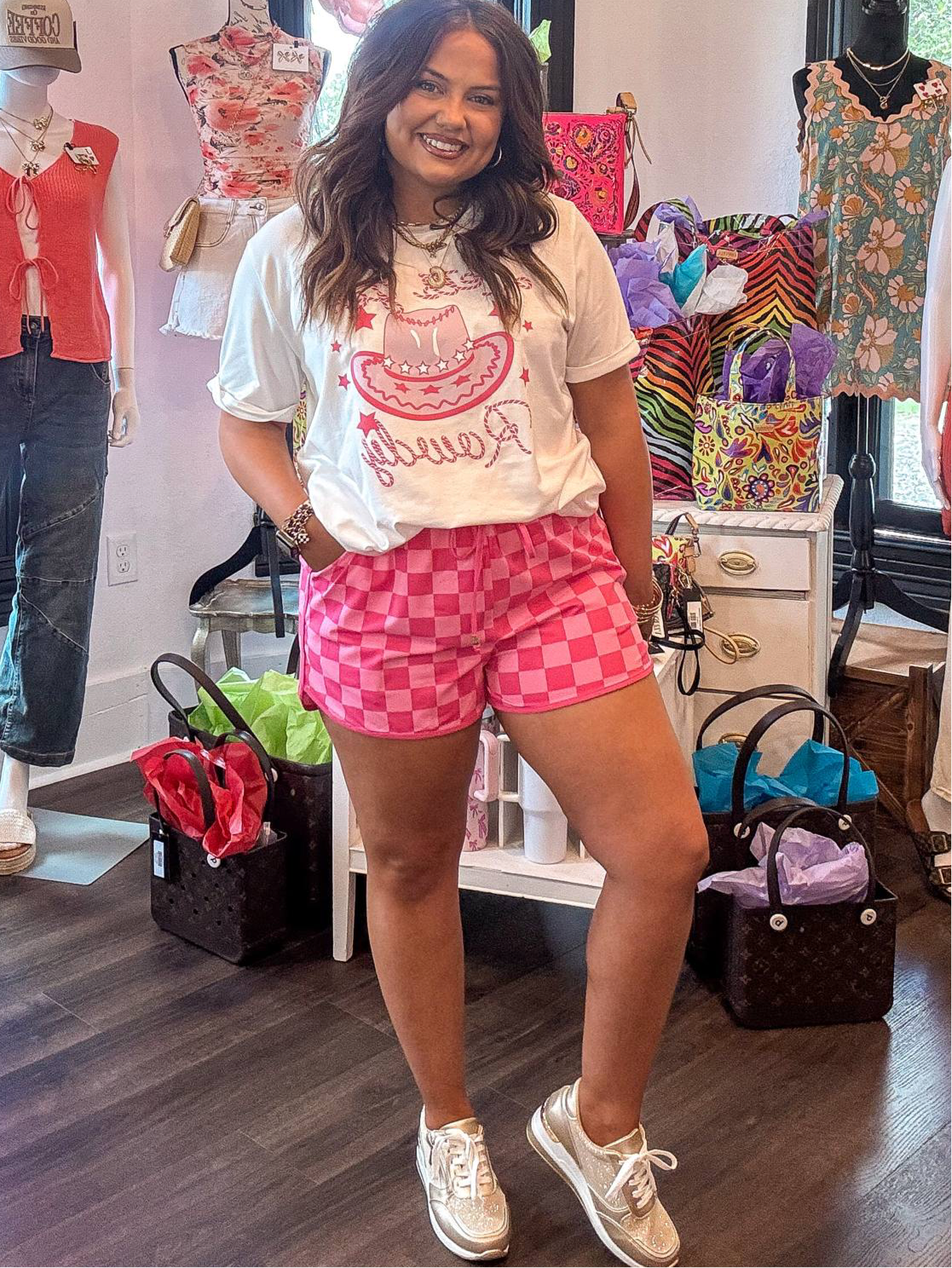 Rose Checkered Drawstring Elastic Waist Casual Shorts