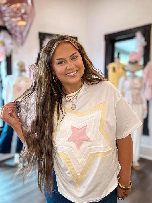 Ivory Star Layered Patched Graphic Half Sleeve Loose Tee