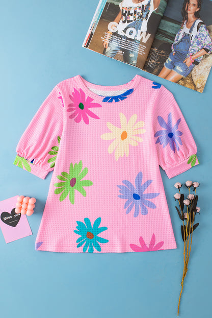 Colorful Pink Floral Print Puff Sleeve Top