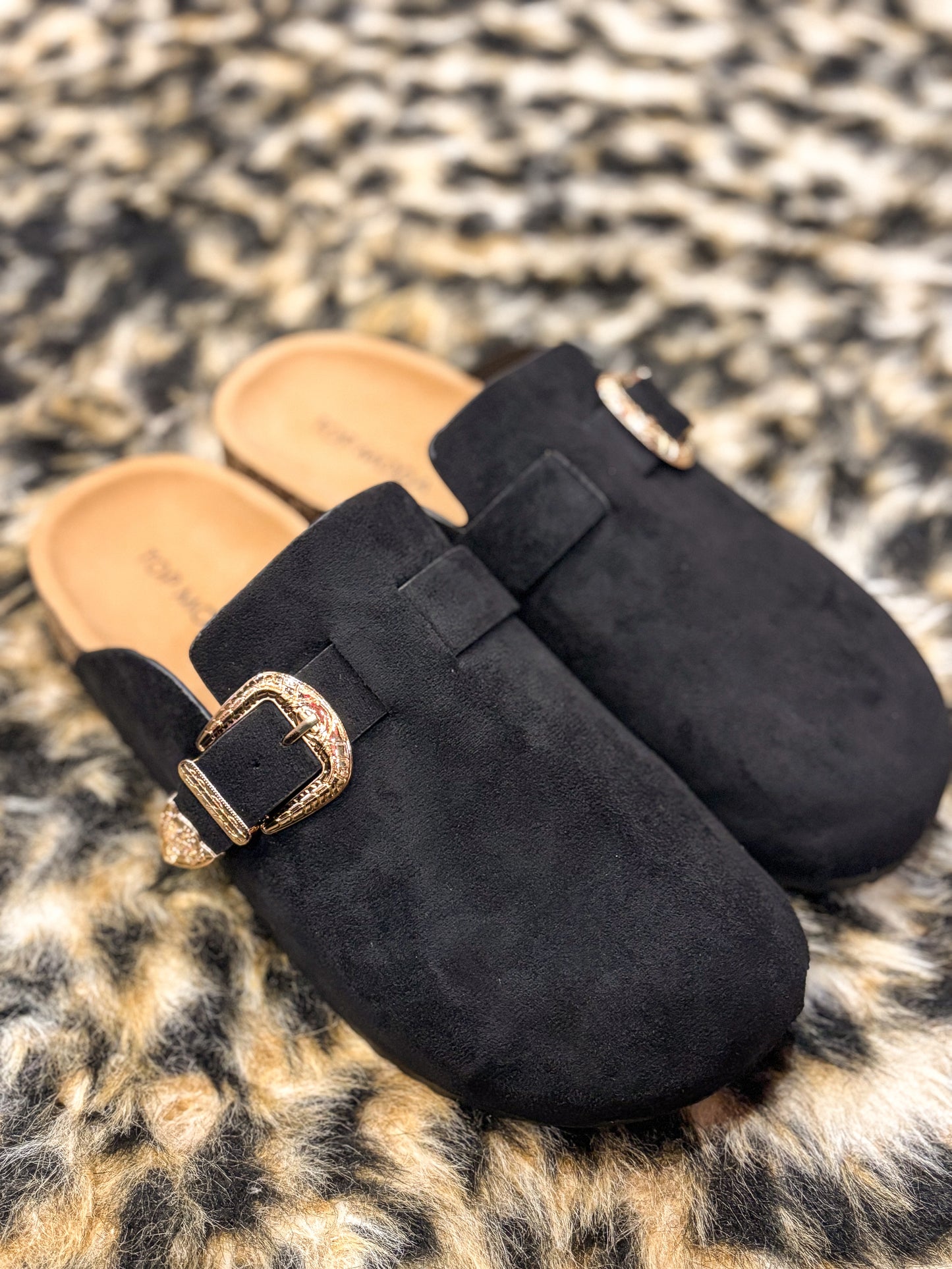 Black Suede Gold Buckle Clogs