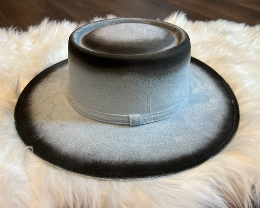 Blue Round Top Burnt Embellished Rancher Hat