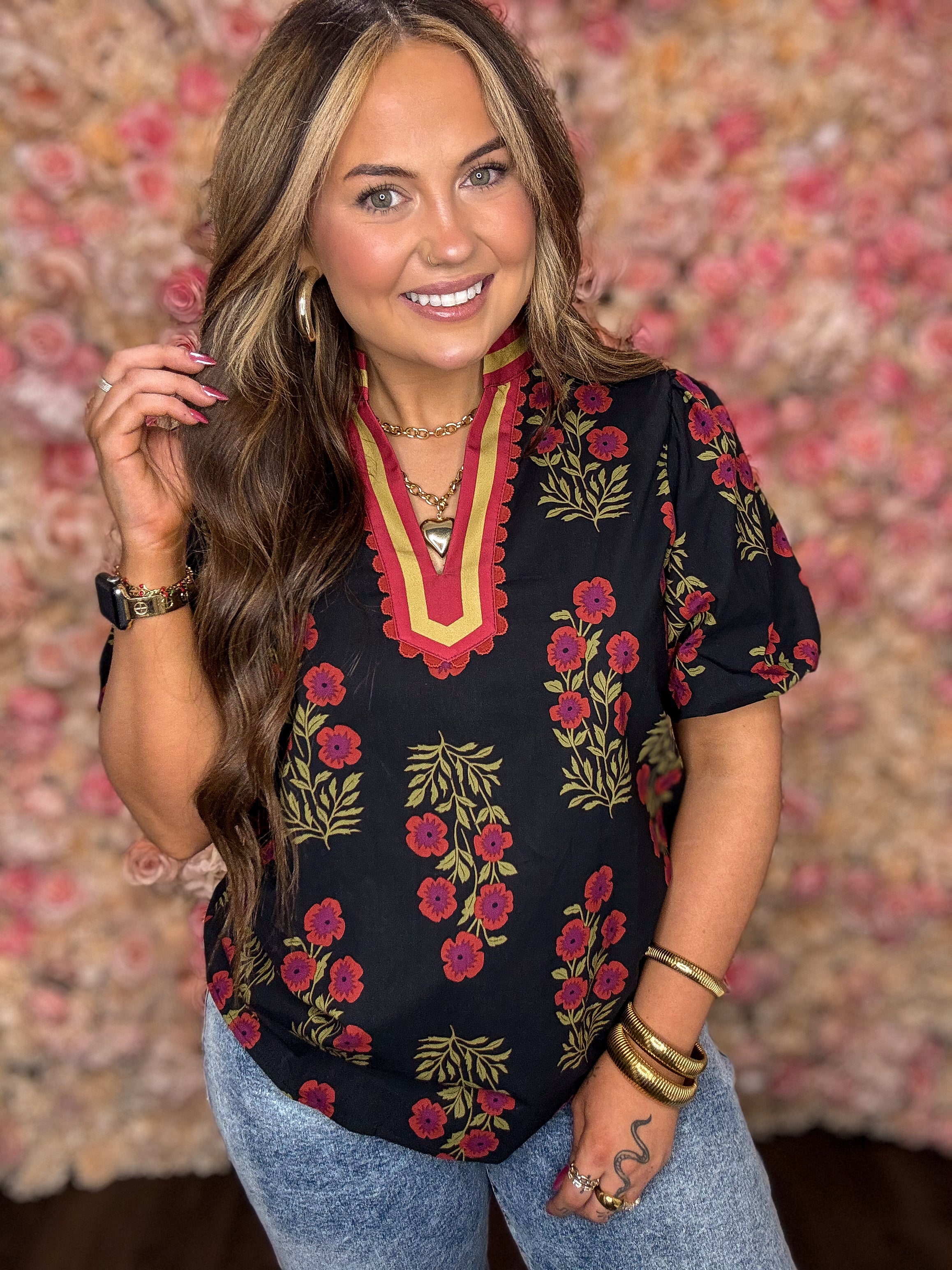 Black Floral Bubble Sleeve Blouse