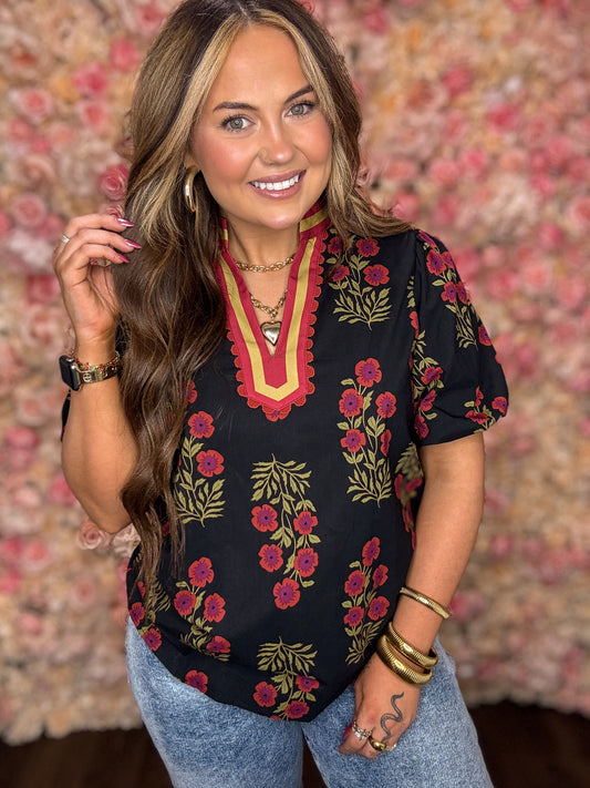 Black Floral Bubble Sleeve Blouse