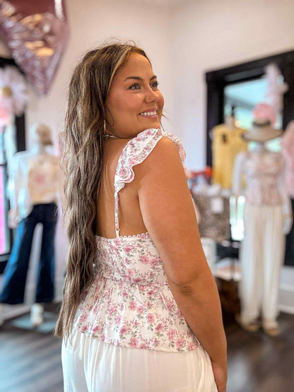 Pink Floral Flutter Peplum Tank Top