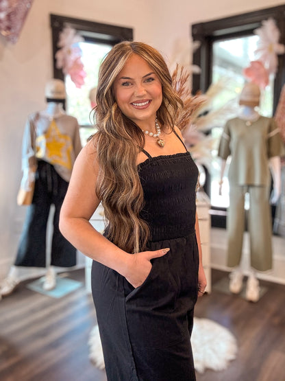 Black Smocked Wide Leg Jumpsuit