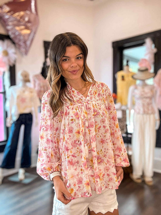 Pink Floral Print Tassel Tie Smocked V Neck Puff Sleeve Tunic Blouse