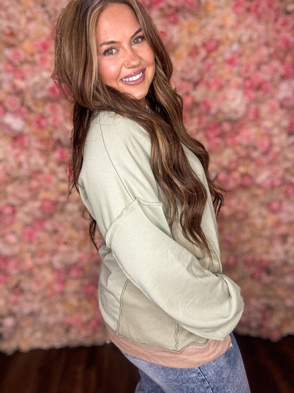 Sage Green Color Block Waffle Patchwork Oversized Sweatshirt