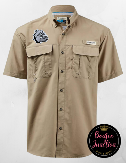 Tan Magellan Button Down with Embroidered Mascot