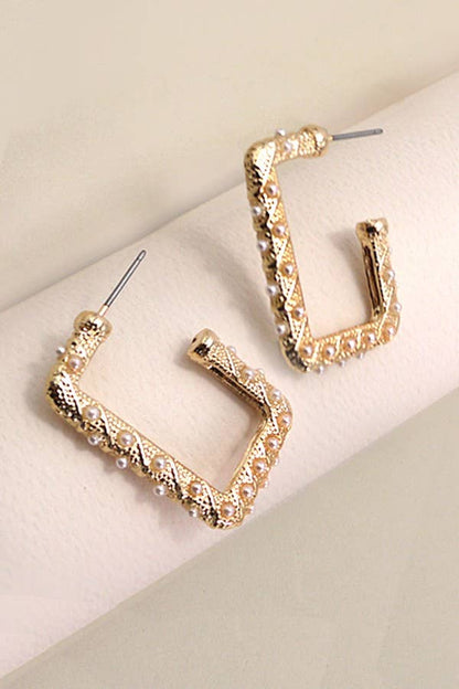 Pearl Gold Mix Rectangle Hoop Earrings
