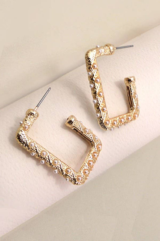 Pearl Gold Mix Rectangle Hoop Earrings
