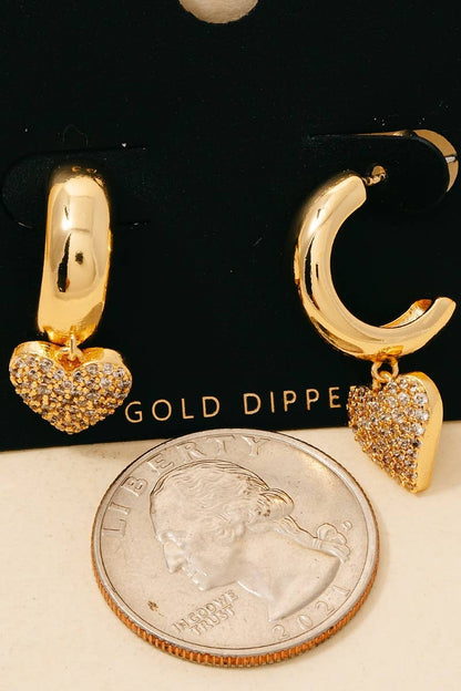 Pave Heart Charm Hoop Earrings