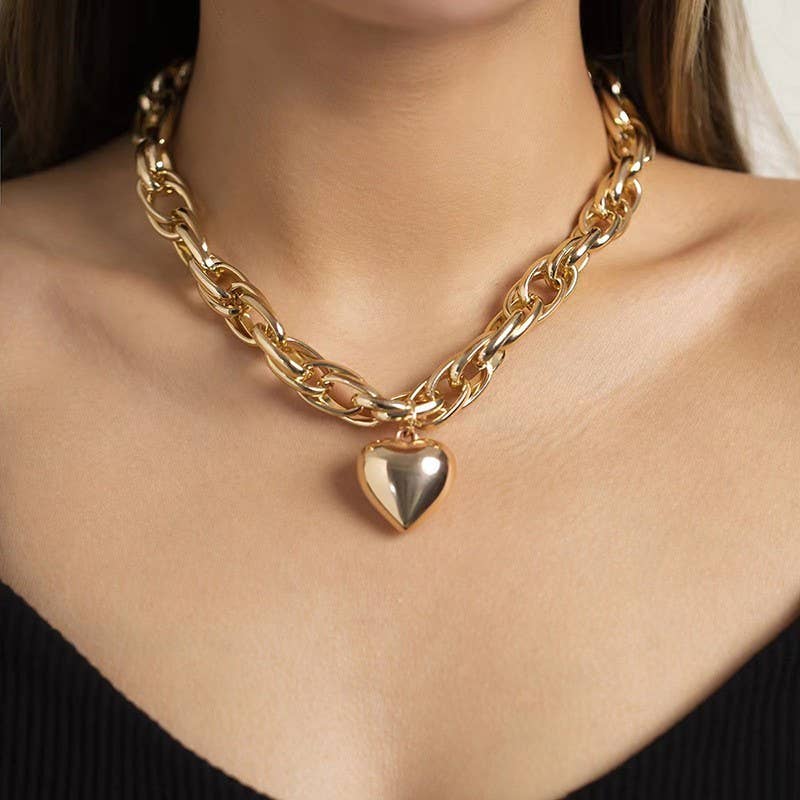 Puffy Heart Chunky Chain Statement Necklace