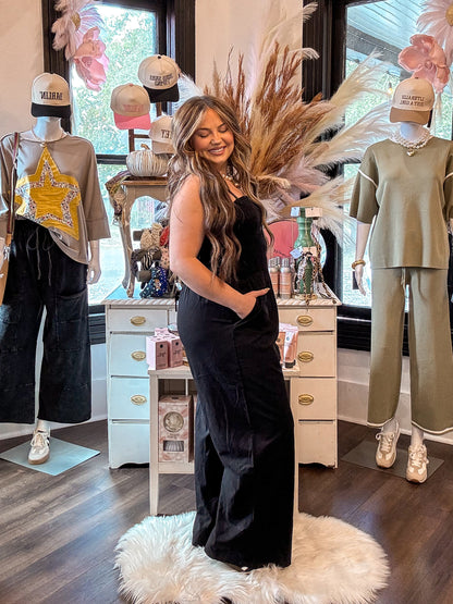 Black Smocked Wide Leg Jumpsuit