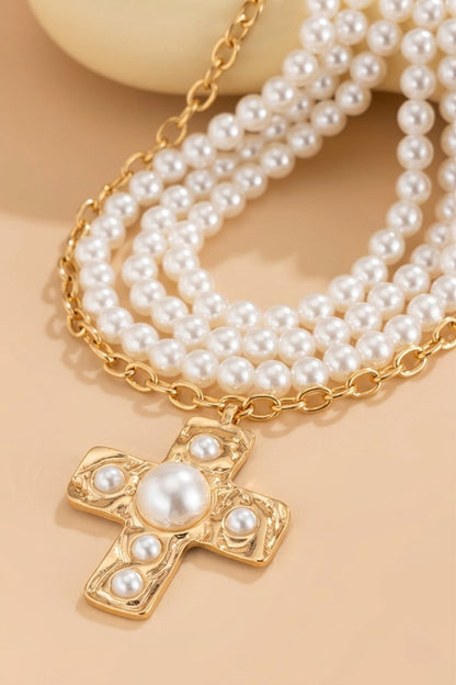 Hammered Cross Layered Pearl Necklace
