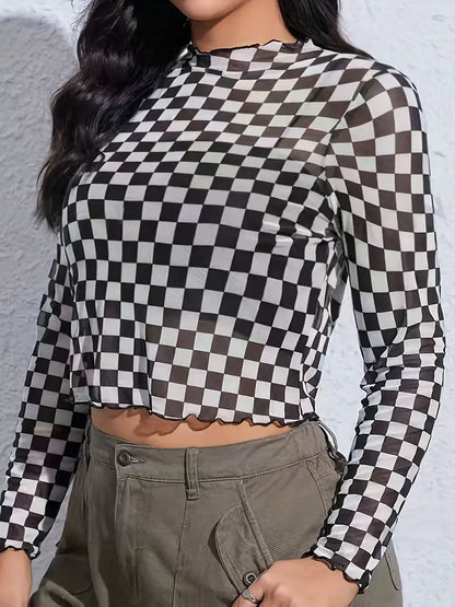 Checkered Mesh Crop Top