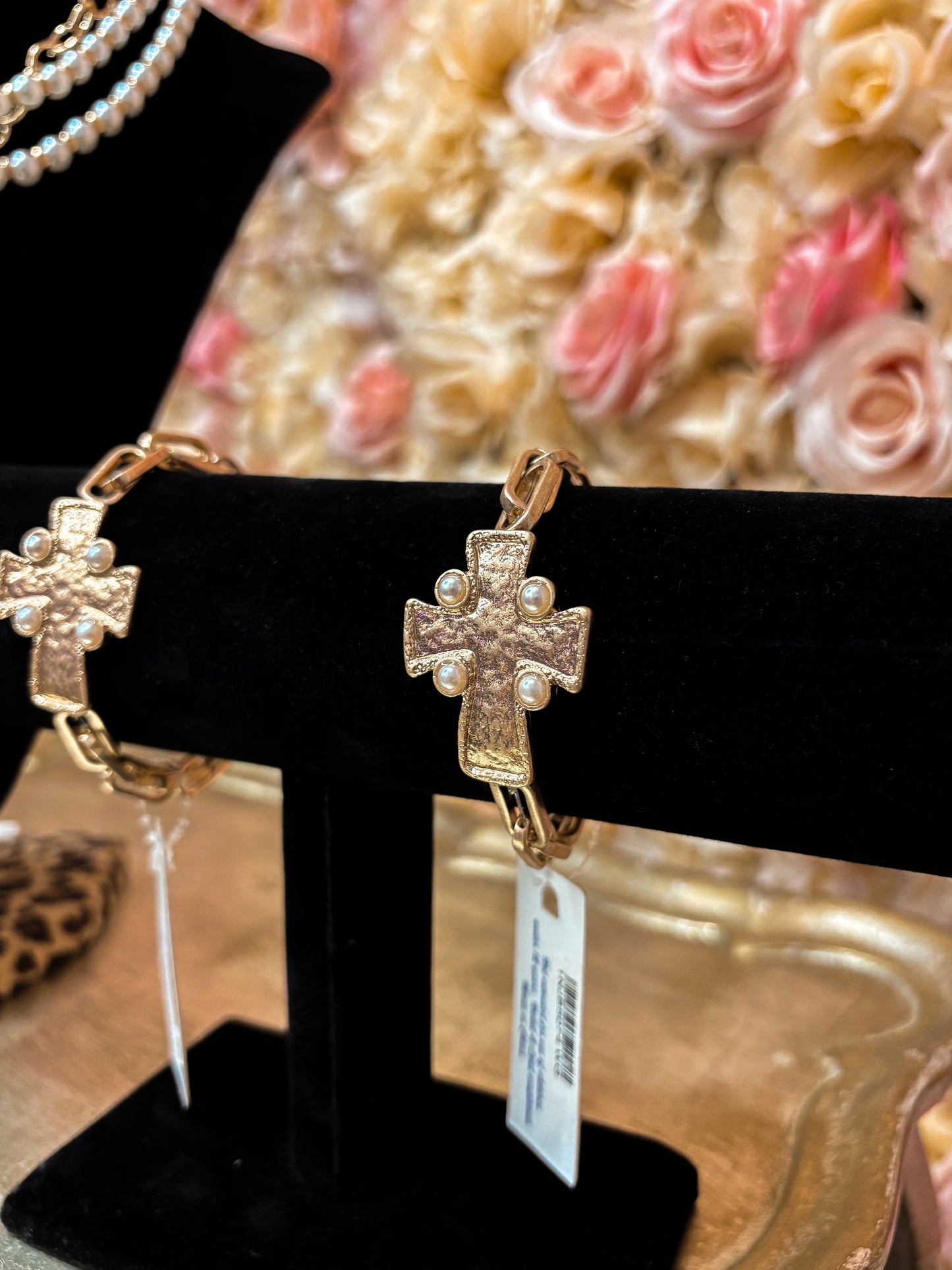 Pearl-Studded Gold Cross Link Bracelet