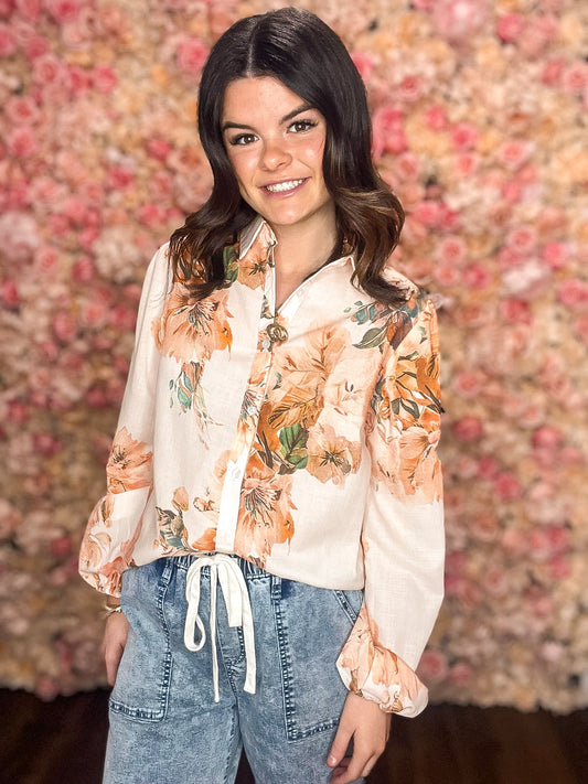 Rustic Orange Floral Puff Sleeve Blouse