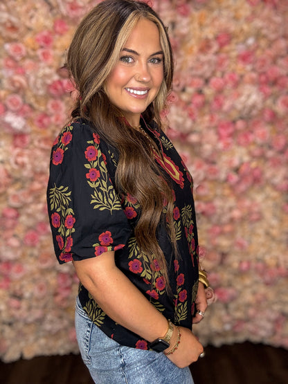 Black Floral Bubble Sleeve Blouse