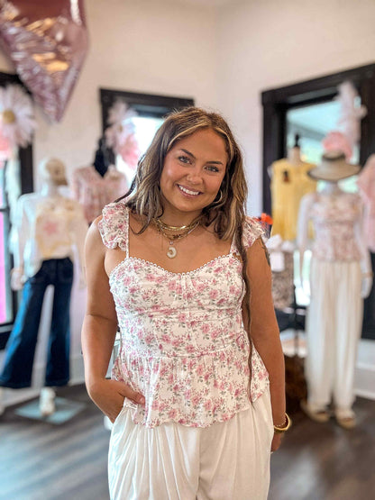 Pink Floral Flutter Peplum Tank Top