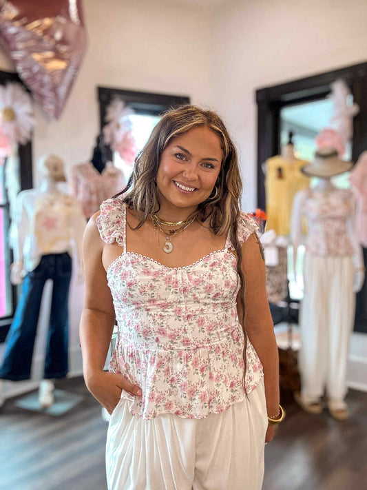 Pink Floral Flutter Peplum Tank Top