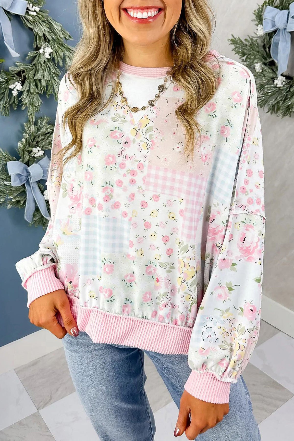 Pink Floral Patchwork Long Sleeve Top