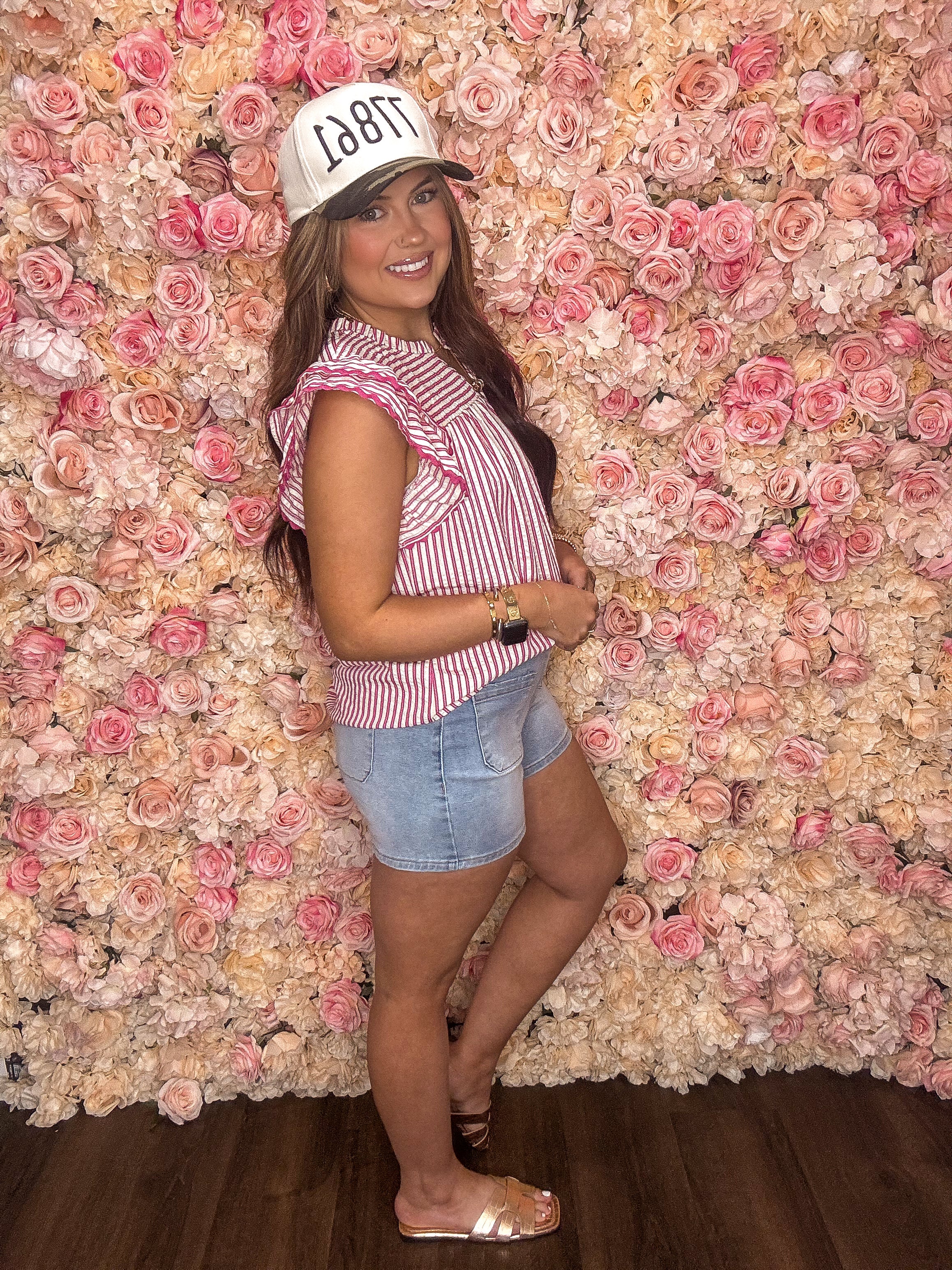 Rose Stripe Ruffled Short Sleeve Blouse