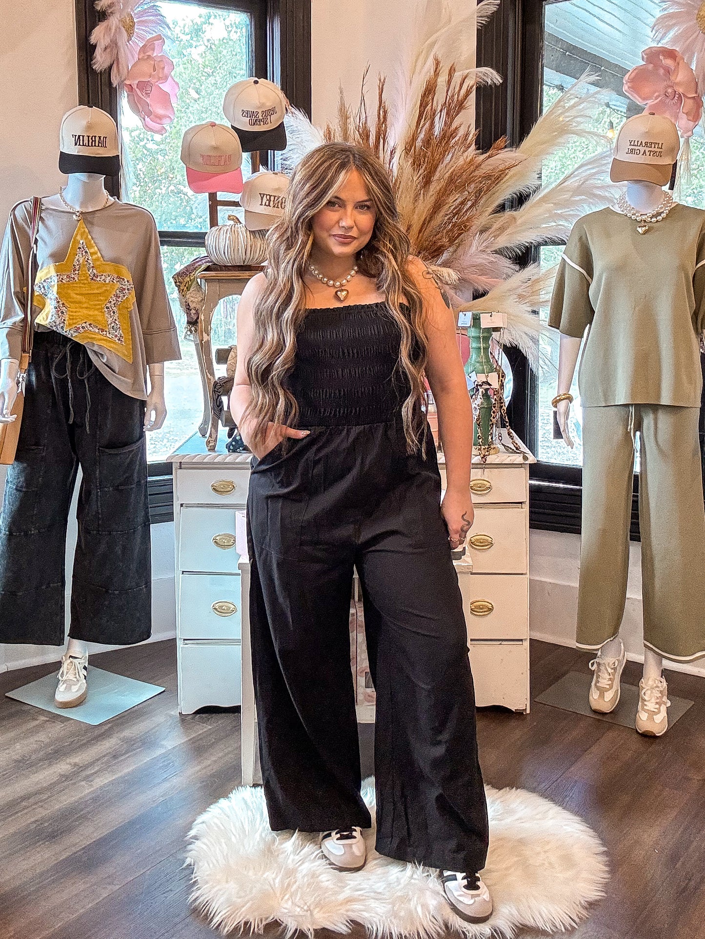 Black Smocked Wide Leg Jumpsuit