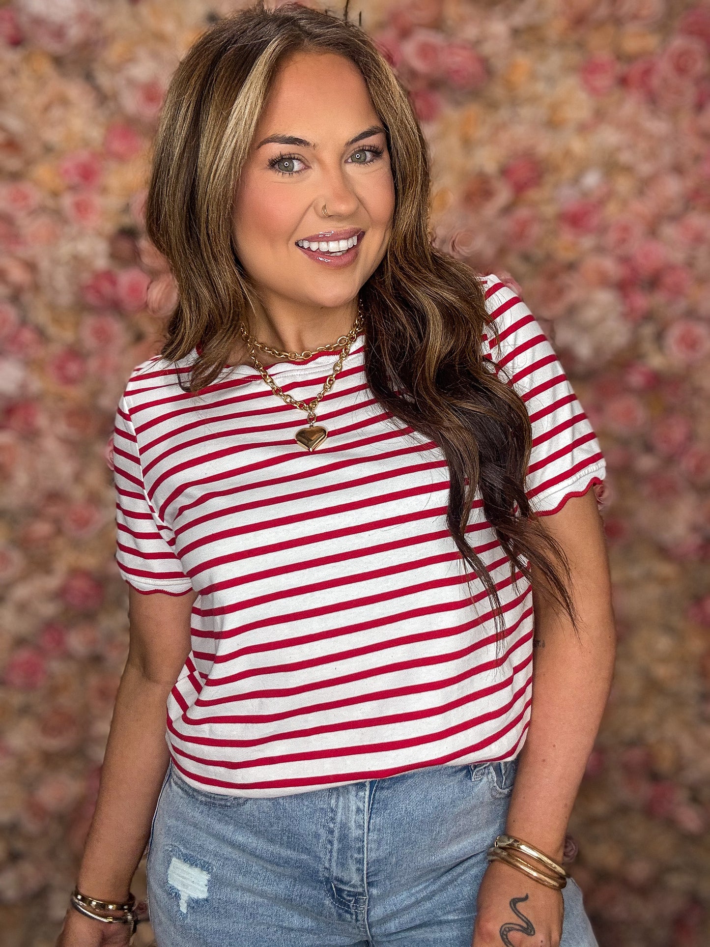 Red Stripe Scalloped Trim Tee