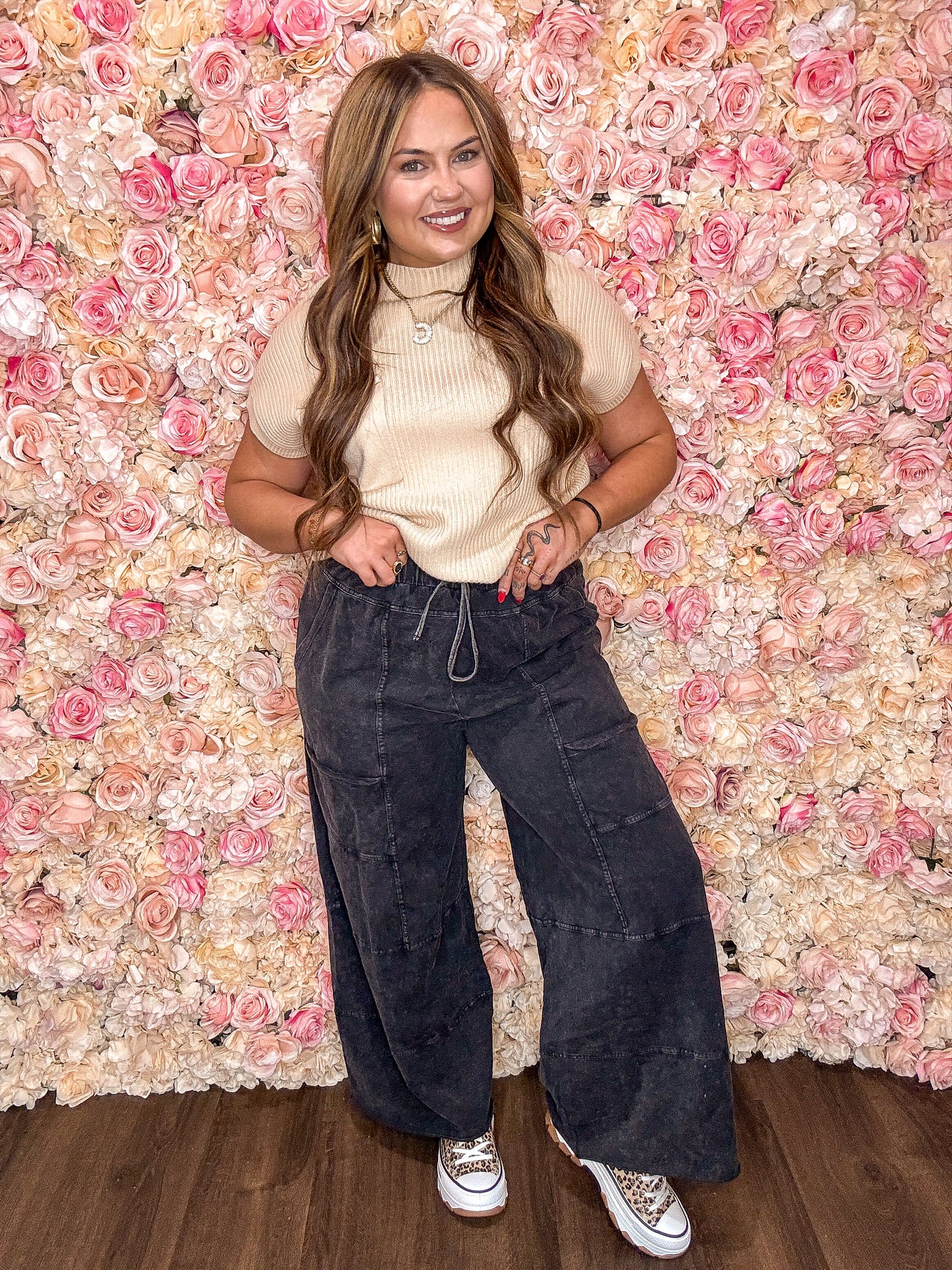 Black Mineral Wash Drawstring Wide Leg Cargo Pants