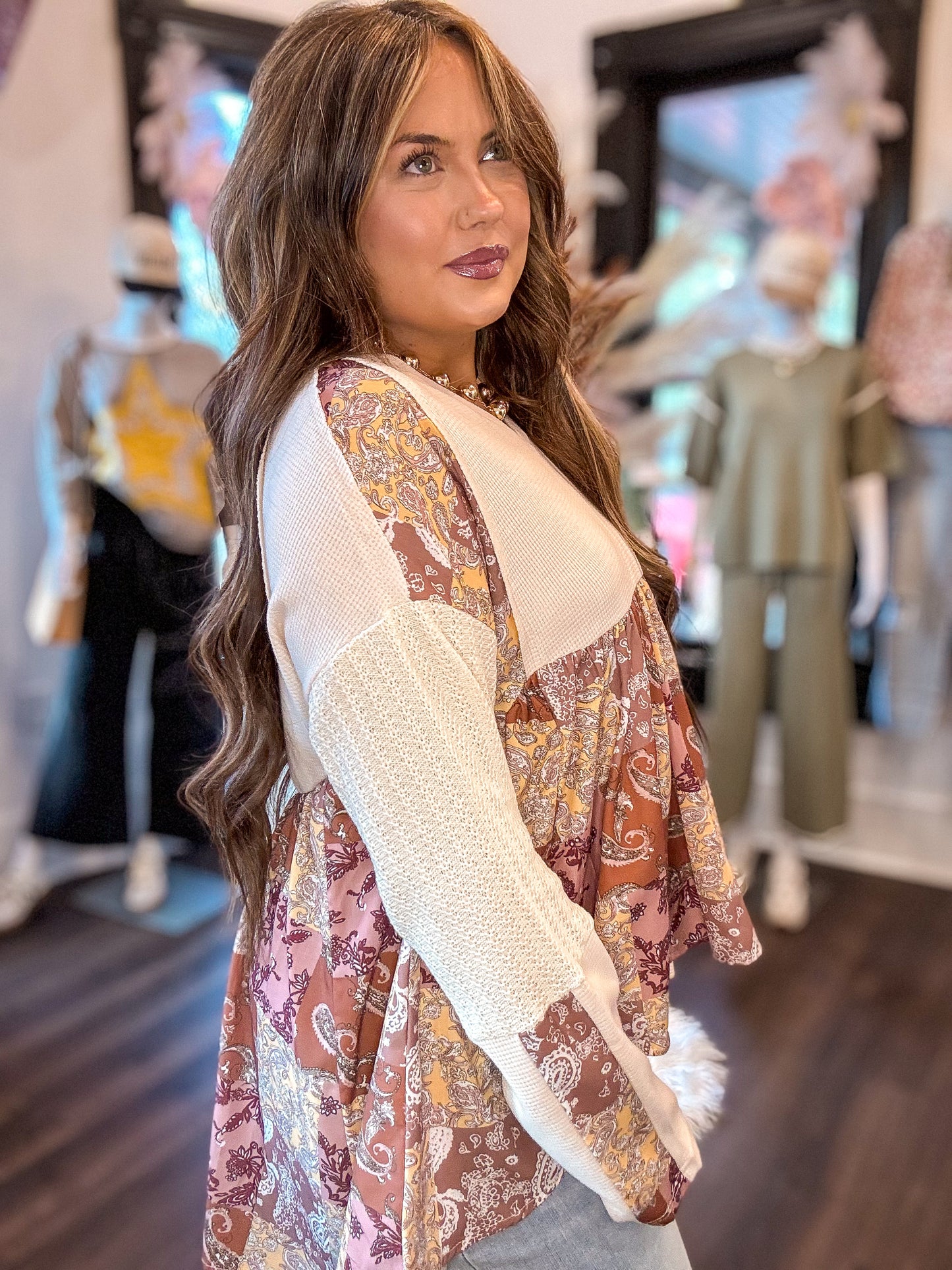 Beige Paisley Print Patchwork Long Sleeve Top