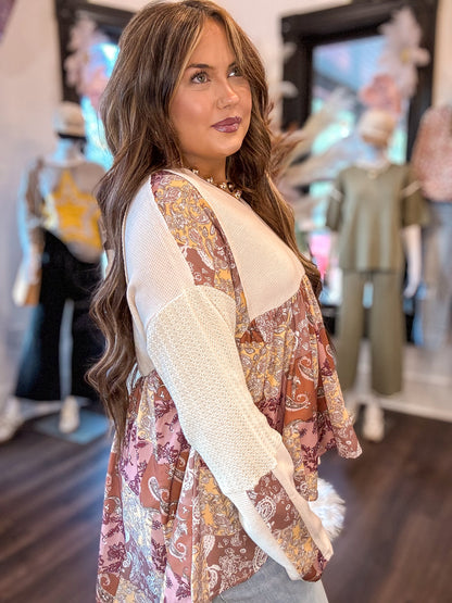 Beige Paisley Print Patchwork Long Sleeve Top