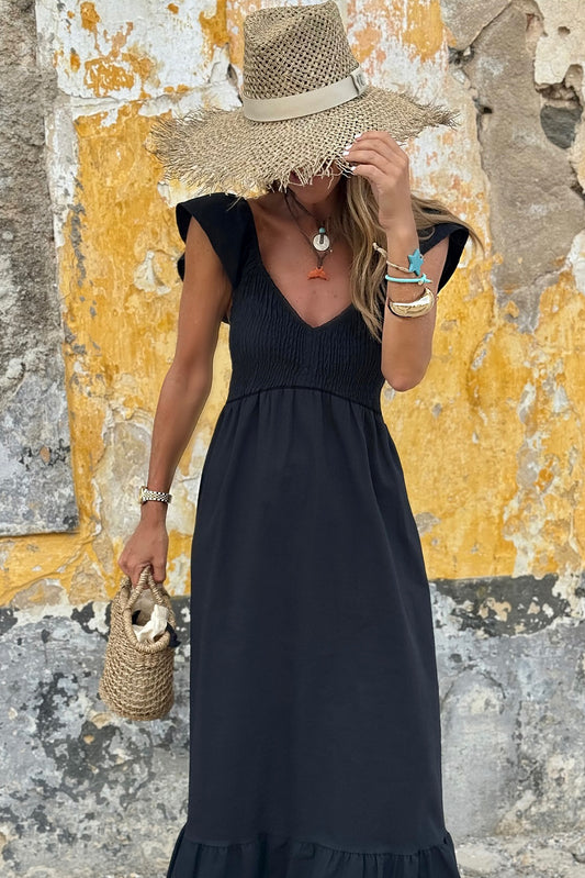 Black V Neck Flutter Sleeve Maxi Dress