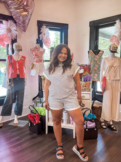 White Stripe Contrast Edge Tee and Shorts Set