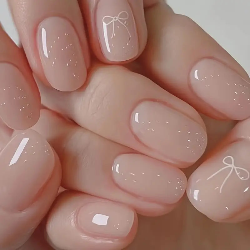 24pcs Nude Bow Design Square Short Press-On Nails Set