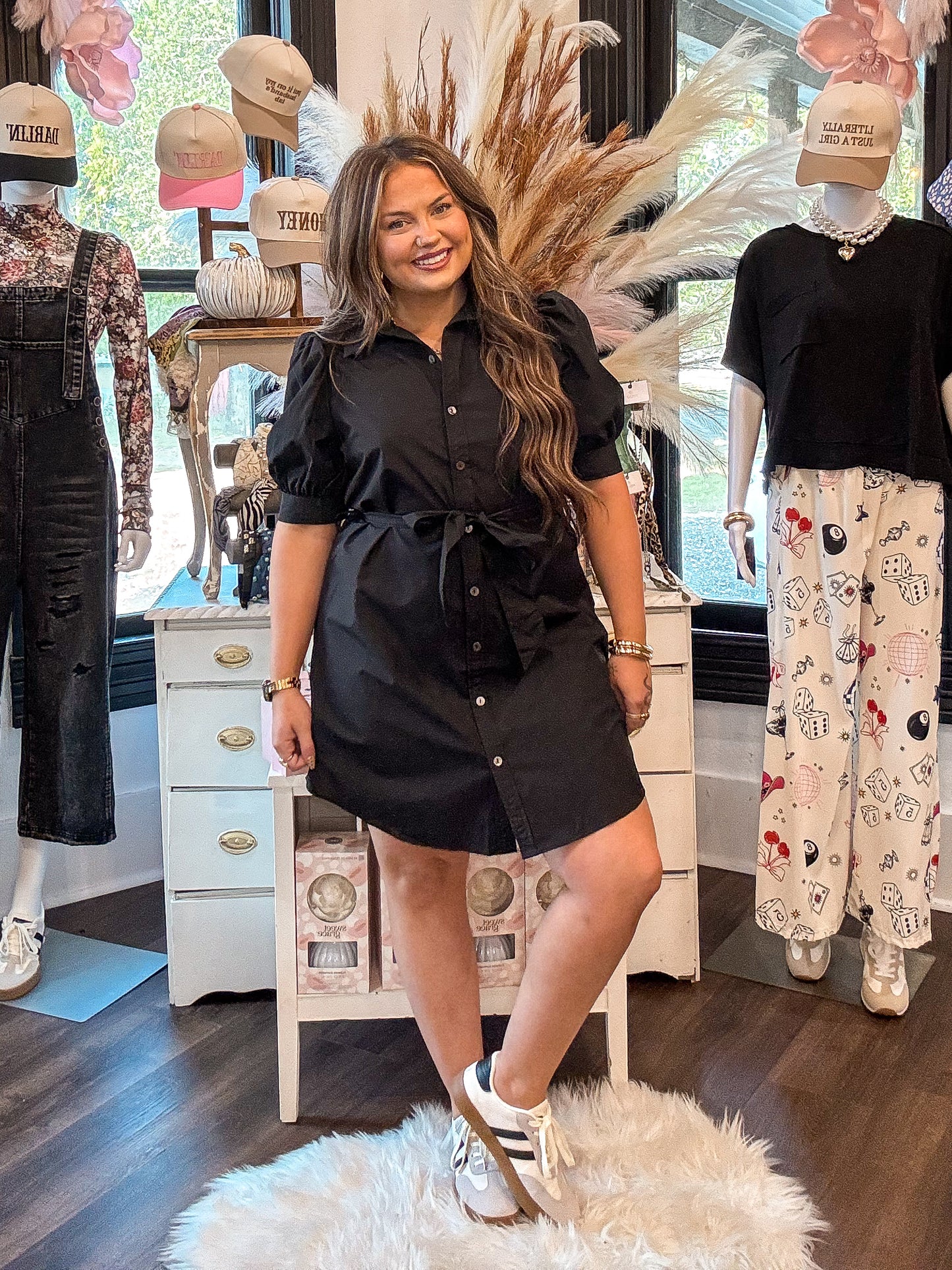 Black Button Up Tie Waist Puff Sleeve Mini Dress