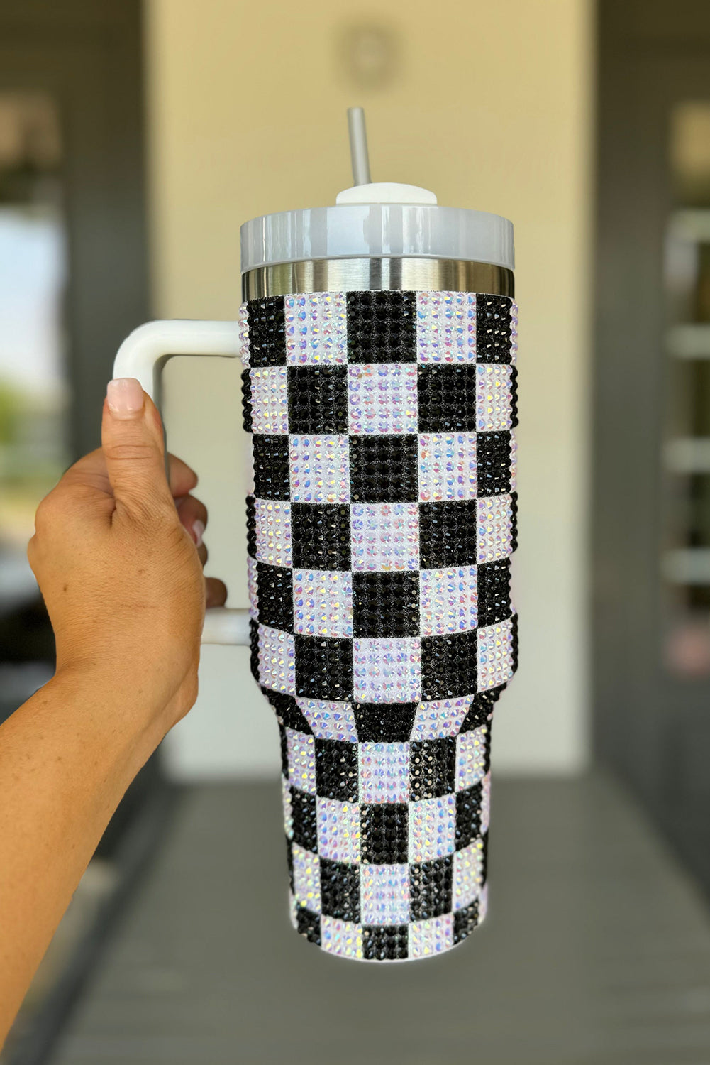 Black Rhinestone Checkered Tumbler 40oz