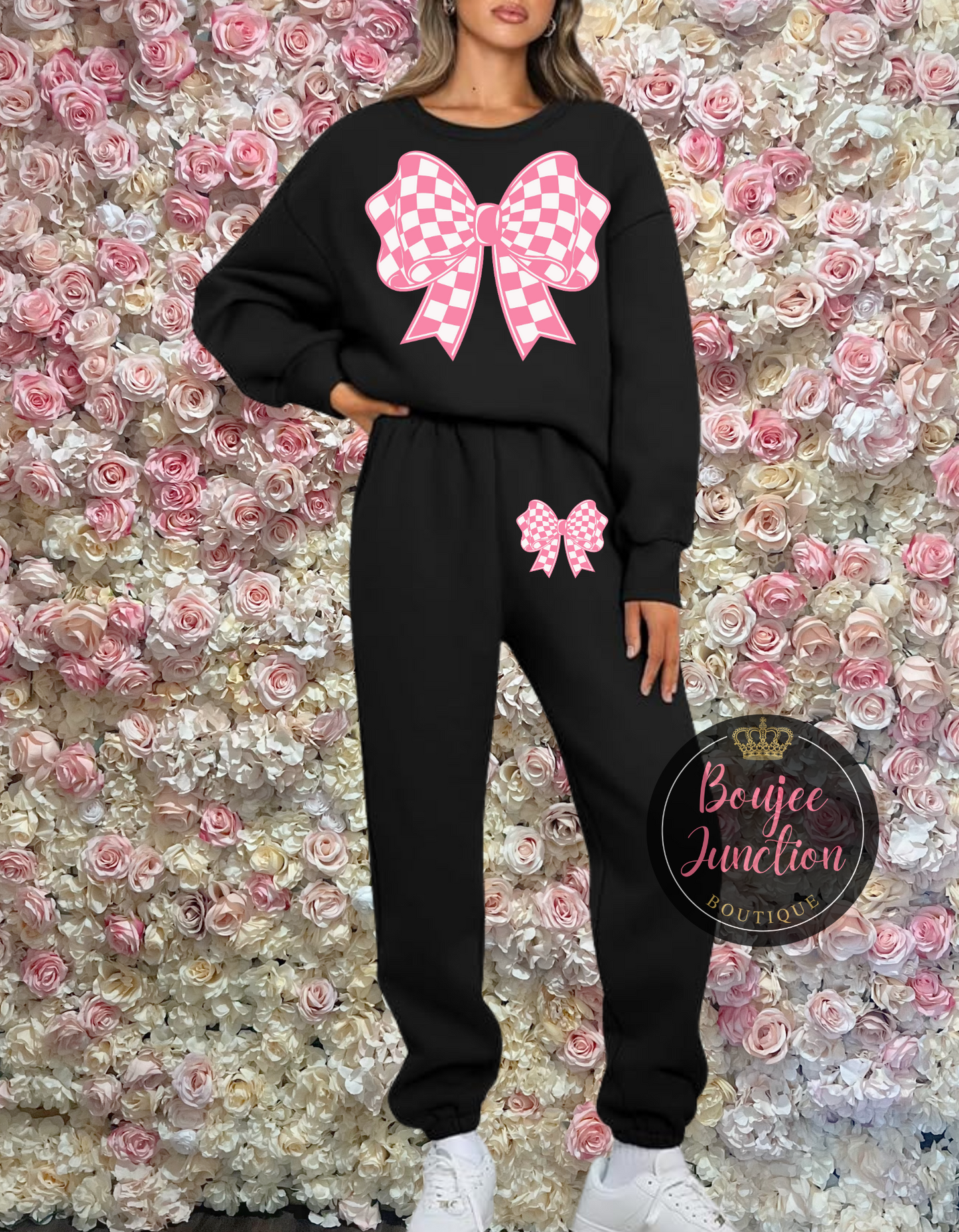 Two Piece Pink Checkered Bow Set