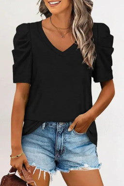 Black Puff Sleeve V Neck Top