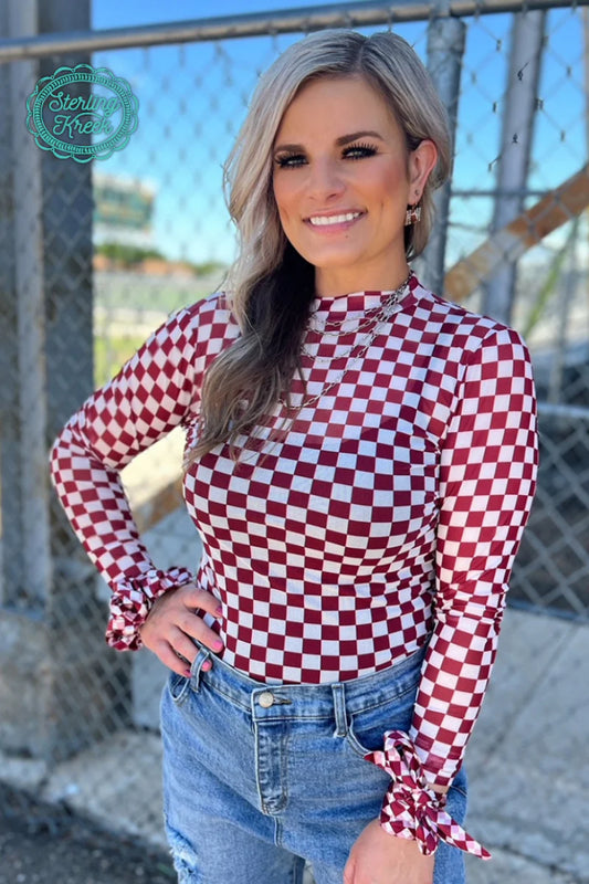 Maroon Checkered Mesh Long Sleeve Top
