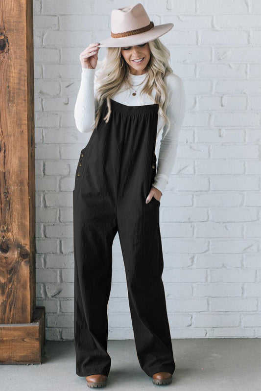 Black Solid Pocketed Loose Fit Corduroy Overall