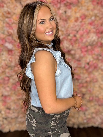 Light Mineral Wash Frilled Button Up Denim Blouse