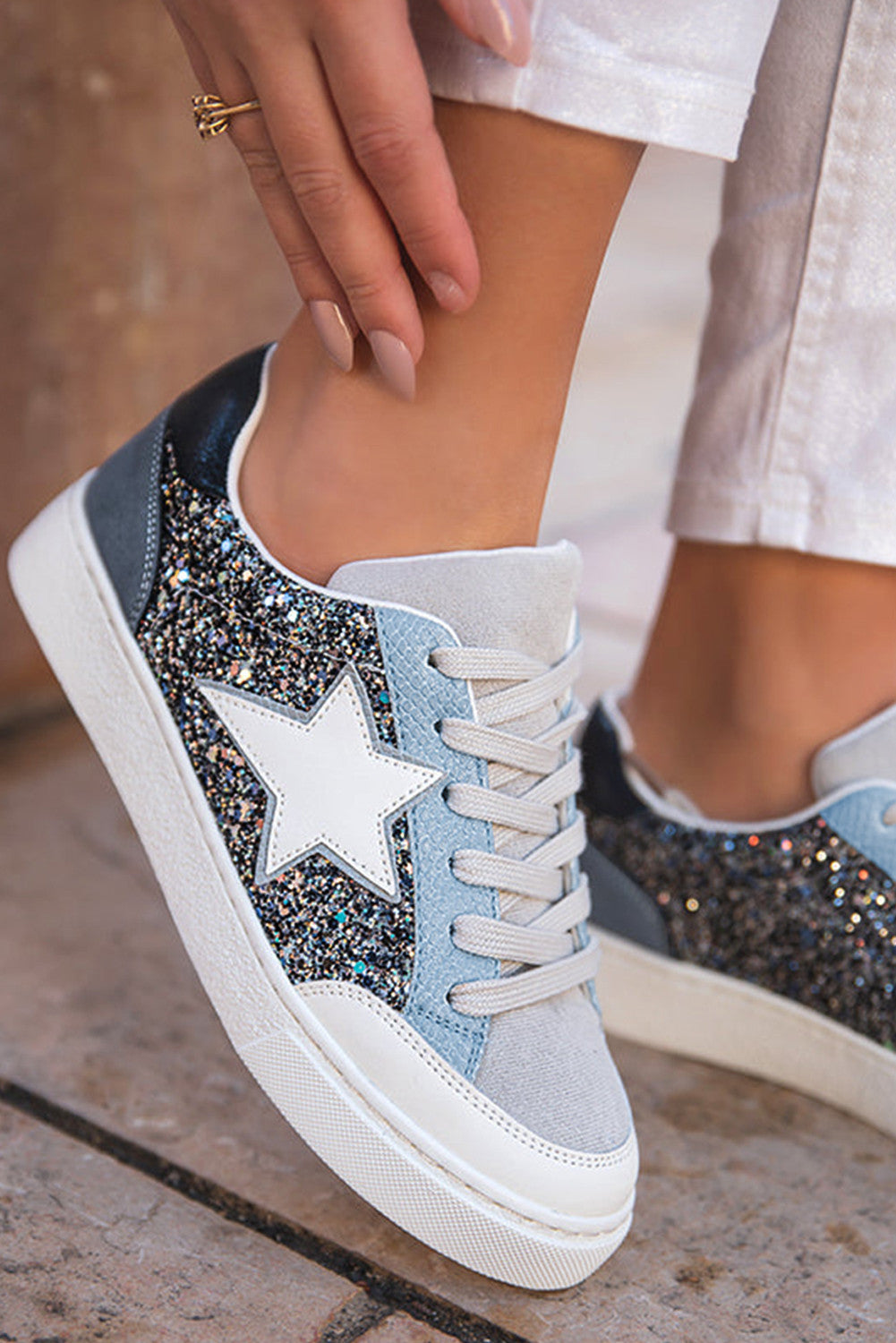 Blue Patchwork Glitter Star Sneakers