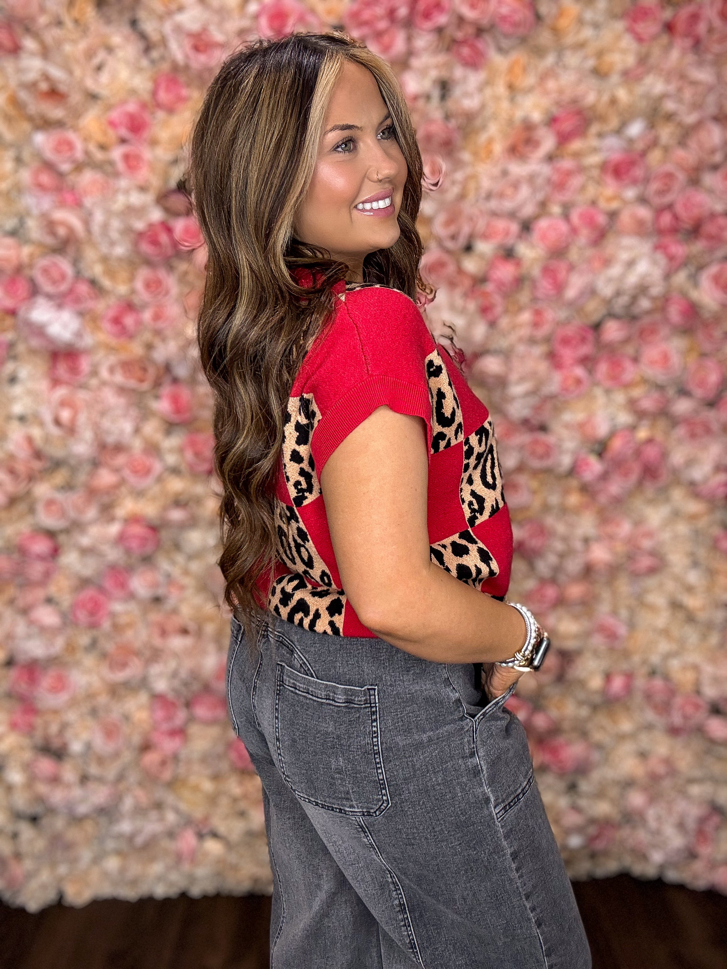 Red Leopard Checkerboard Sweater Top
