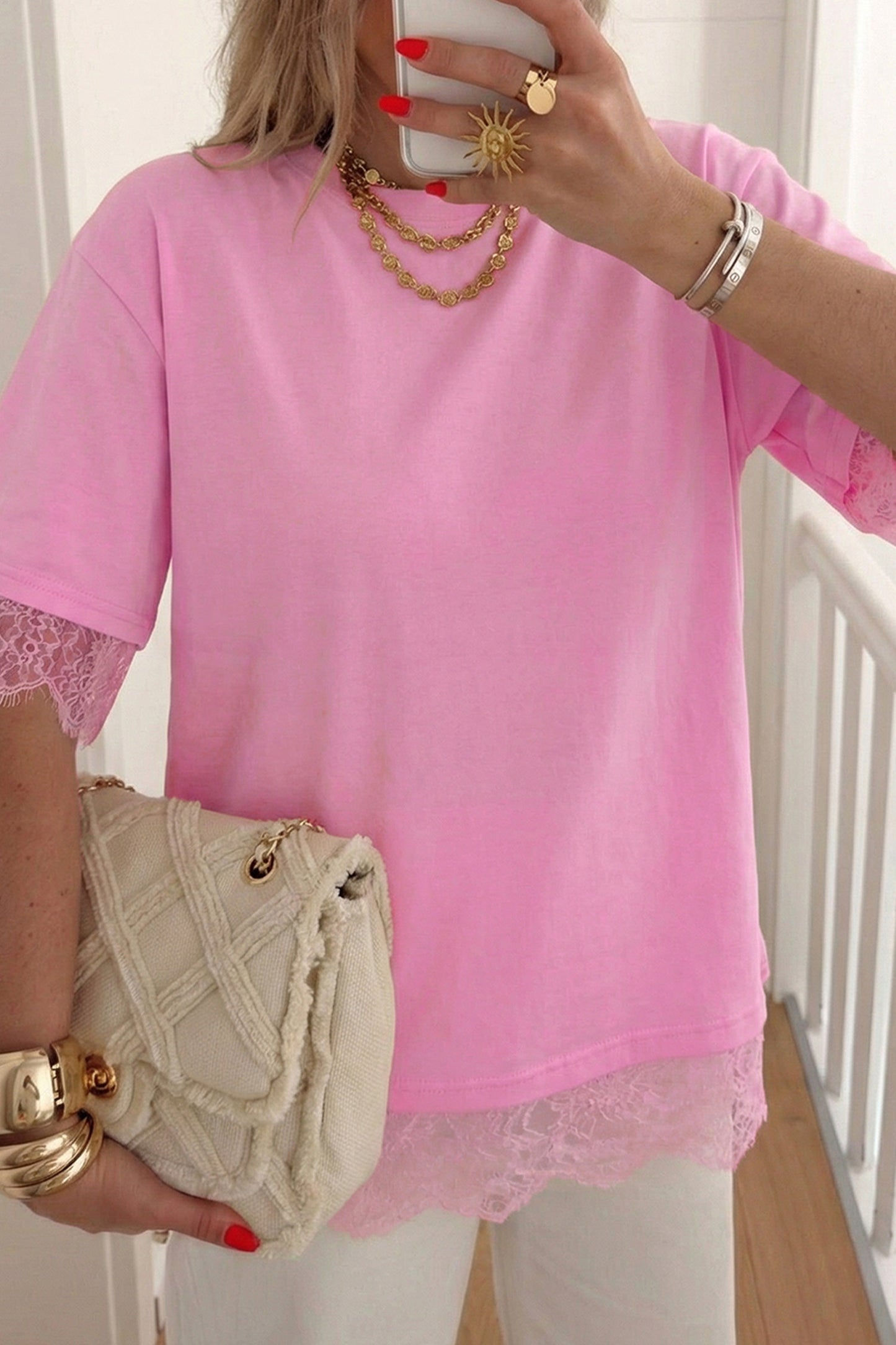 Candy Pink Lace Oversized Tee