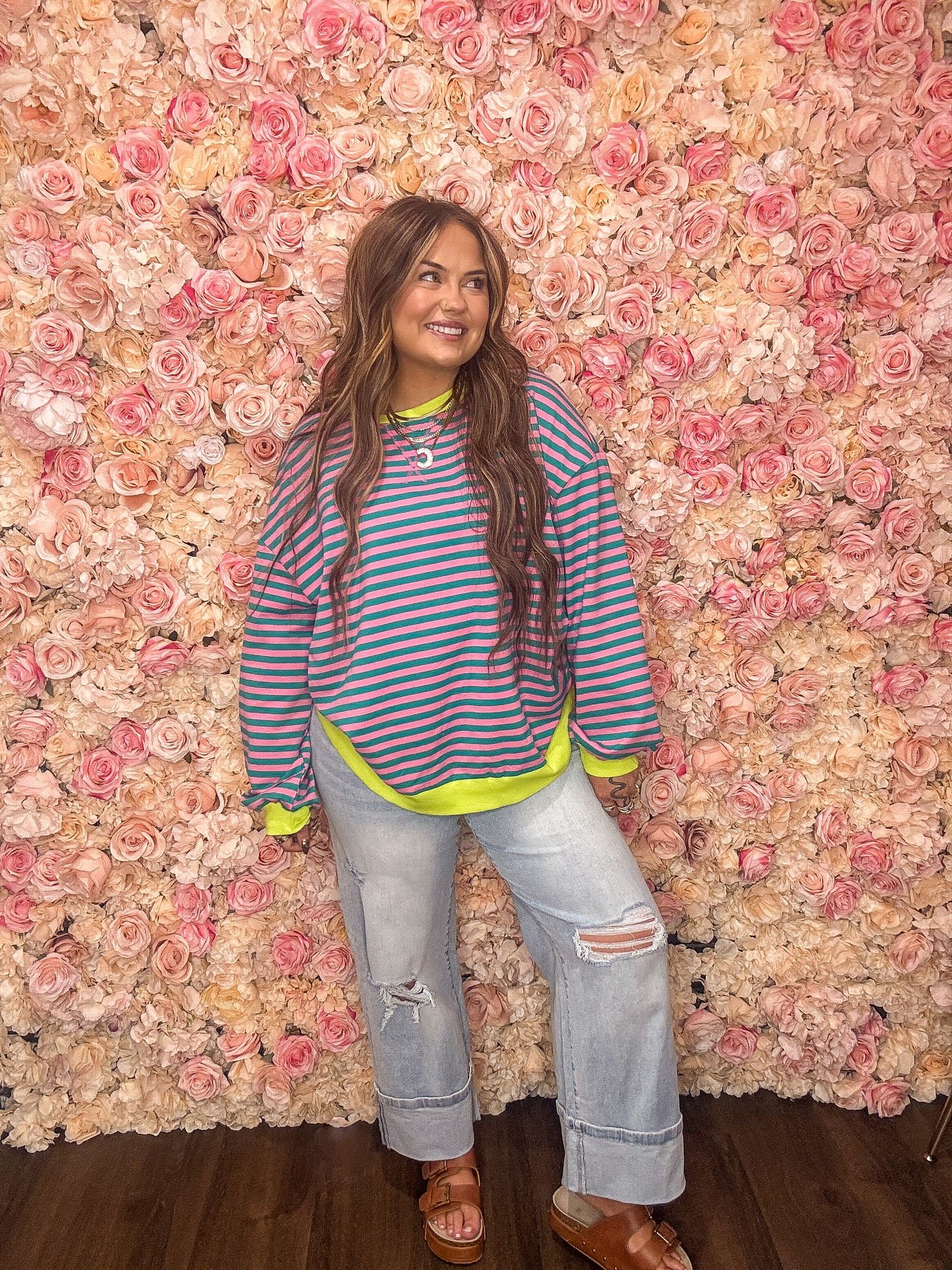 Teal Stripe Oversized Contrast Trim Sweatshirt