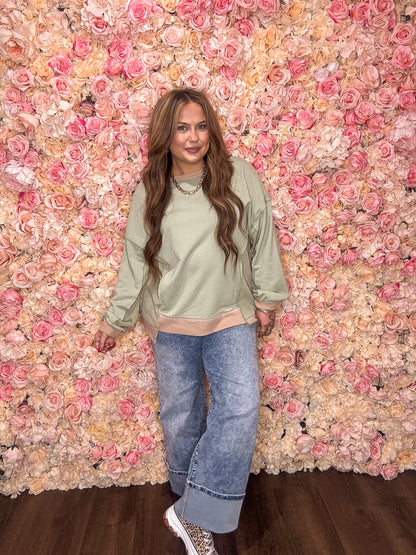 Sage Green Color Block Waffle Patchwork Oversized Sweatshirt